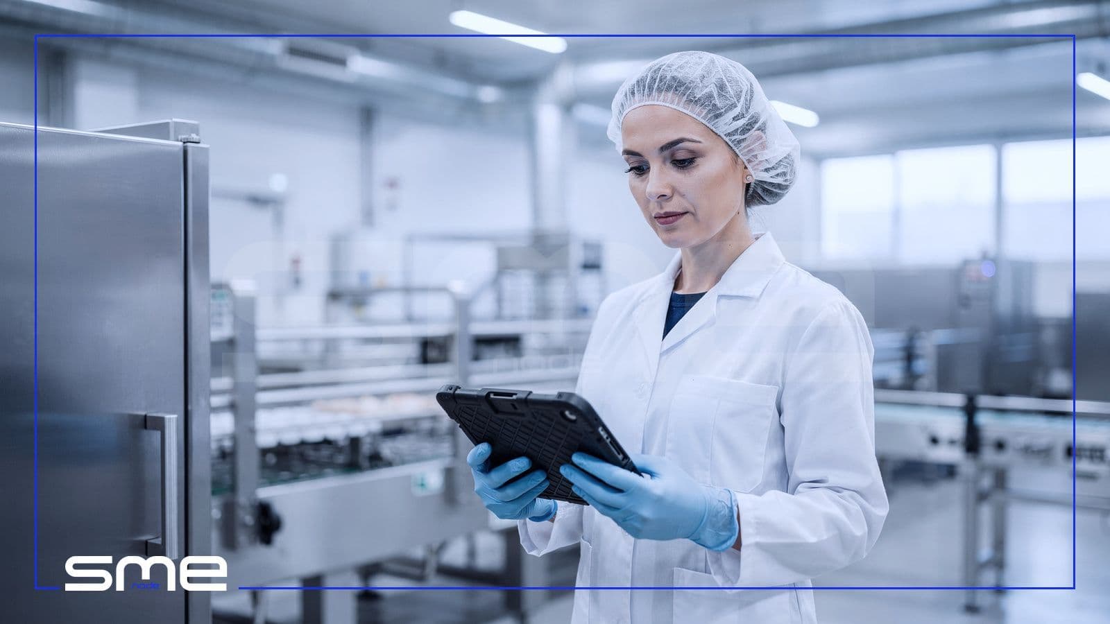 IT manager in a hairnet and lab coat checking a rugged tablet on a food manufacturing production floor