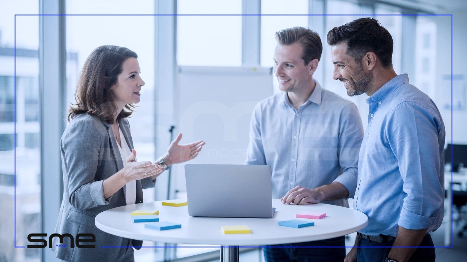 A small in-house IT team planning cloud work together around a standing table with a laptop and sticky notes in a bright Ottawa office
