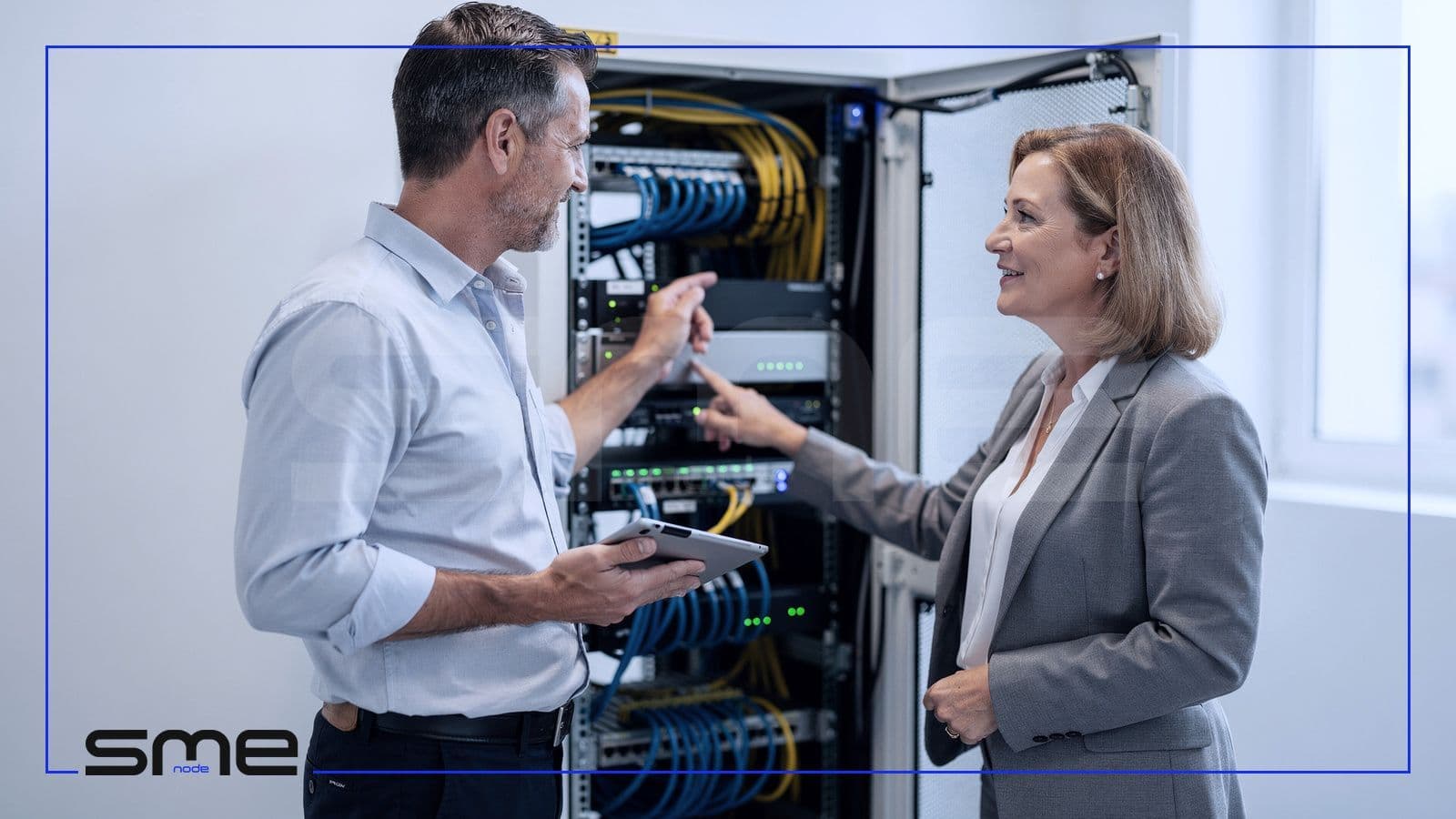A senior network engineer with a tablet walking a business owner through an open server rack during an on-site IT assessment