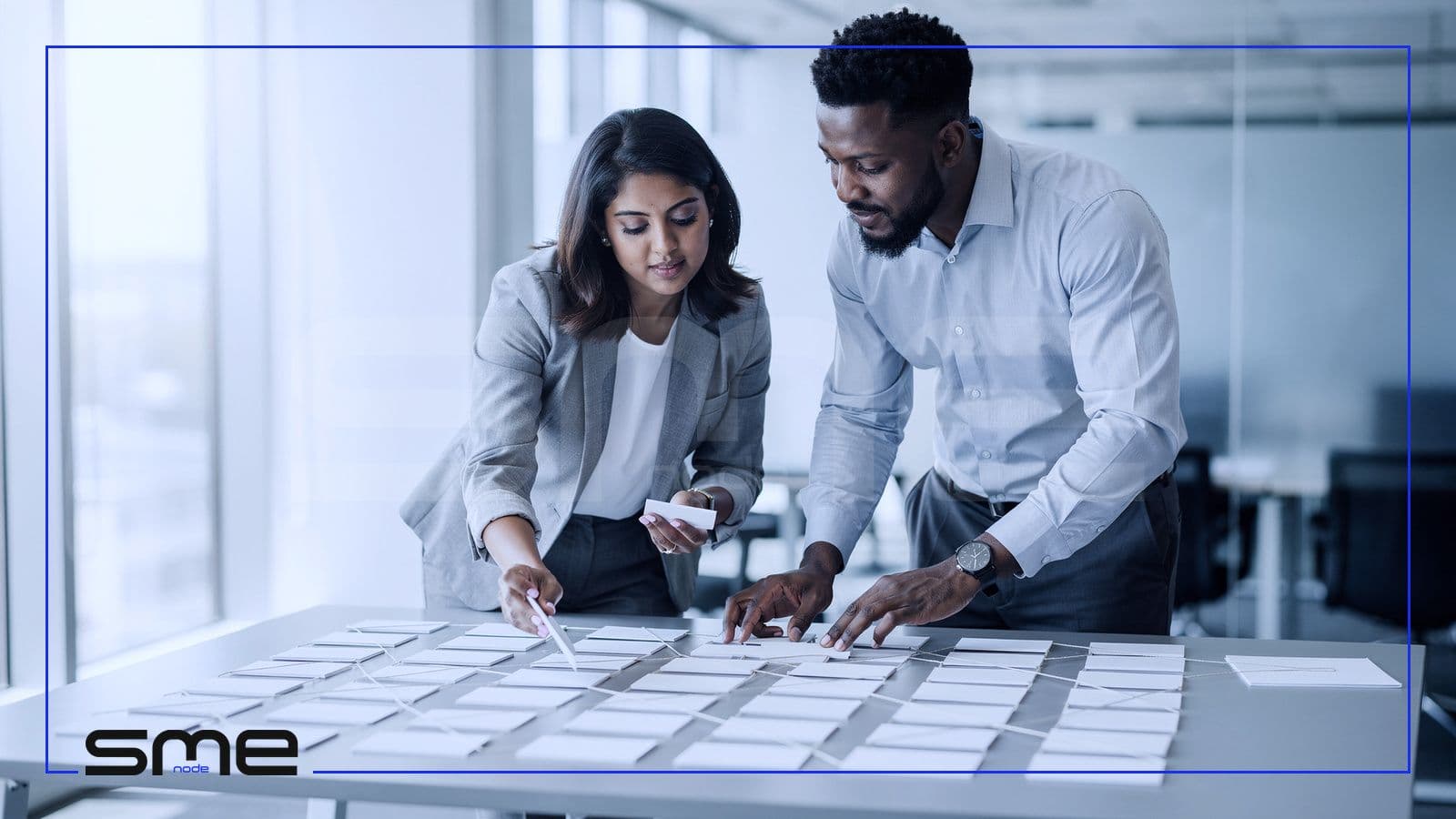 IT director and risk analyst arranging blank index cards into a grid to plan the components of an AI governance framework