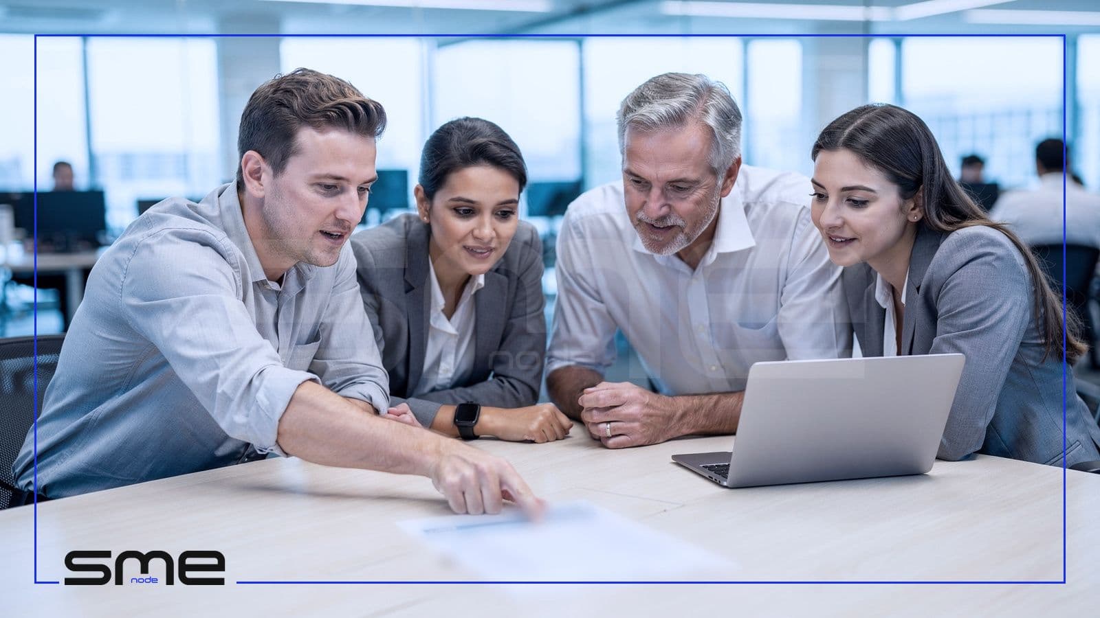 Four colleagues leaning over a meeting table as one points at a printed checklist beside an open laptop, the owner, IT, finance and operations working through a risk assessment together