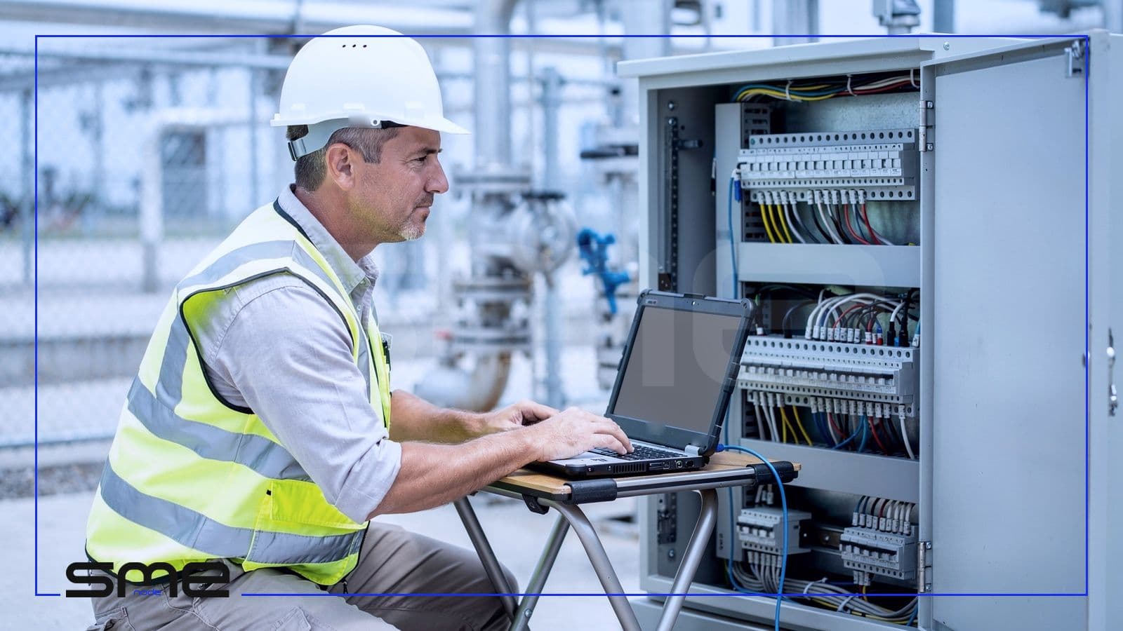 A field technician in a hard hat and safety vest works on a rugged laptop cabled into an open industrial control cabinet, the kind of supplier access a designated operator must manage