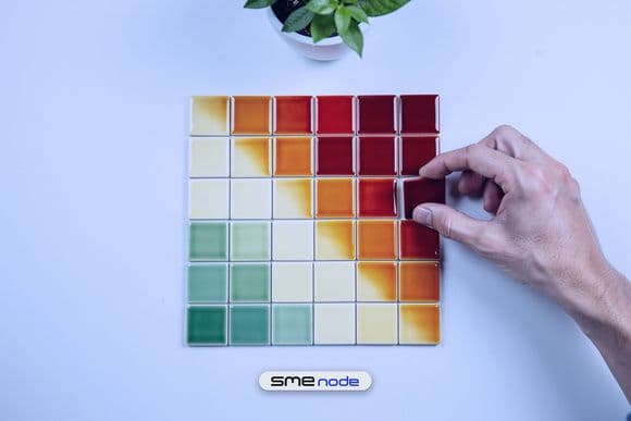 A hand placing a deep red ceramic tile into the top-right corner of a square grid of green, yellow, orange and red tiles on a white desk, a physical cyber risk assessment heat map