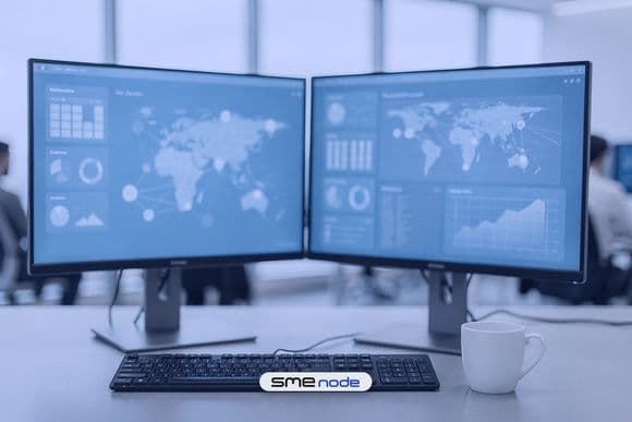 Security analyst workstation with two monitors showing network maps and dashboards in a bright security operations centre