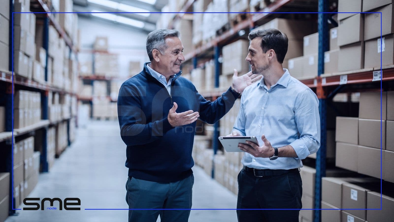 A business owner and a consultant with a tablet talking in the aisle of a bright distribution warehouse, representing a local AI consulting partner on site