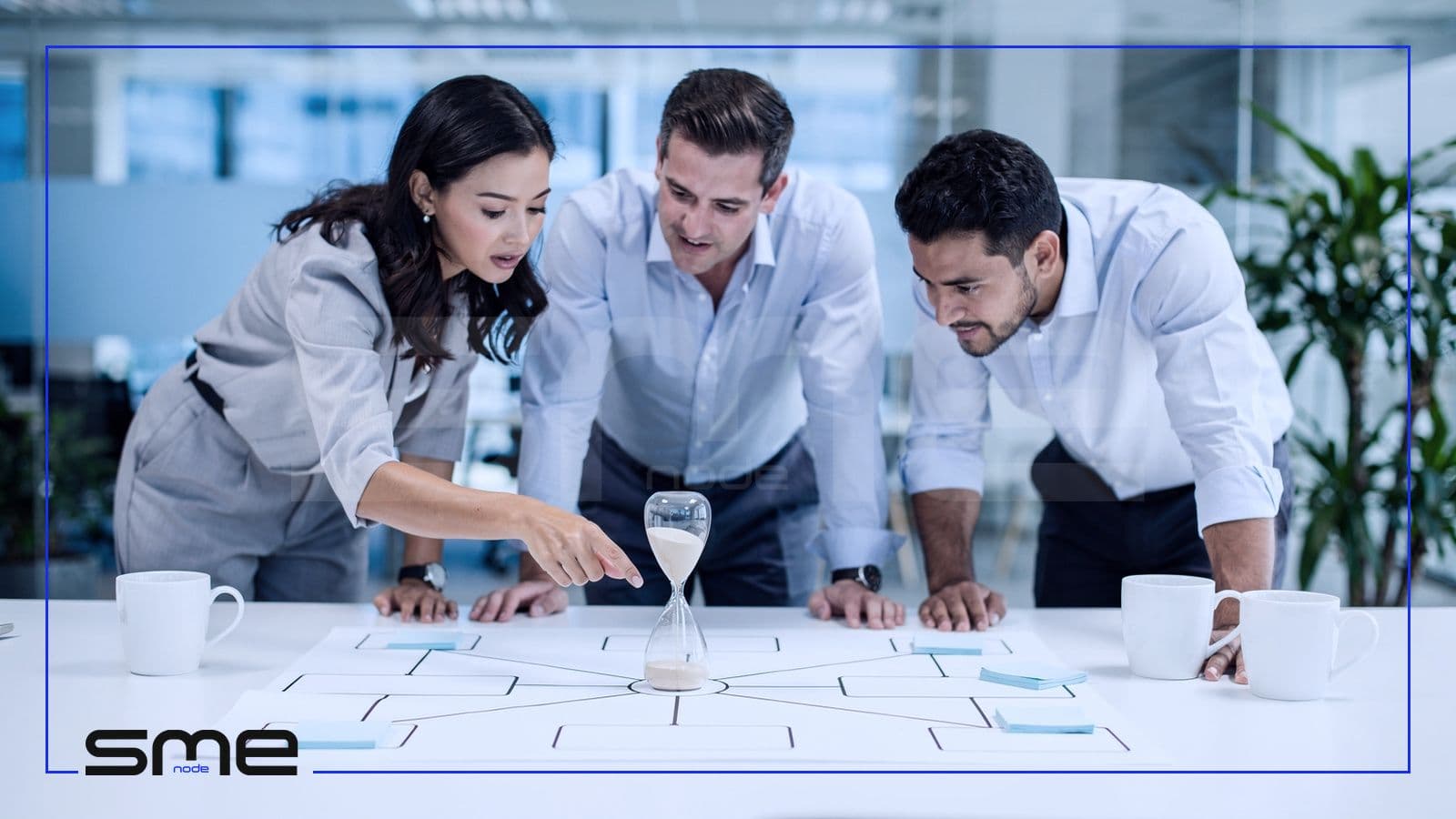 Three colleagues lean over a printed network diagram with an hourglass in the middle, rehearsing an incident report against a fixed reporting deadline