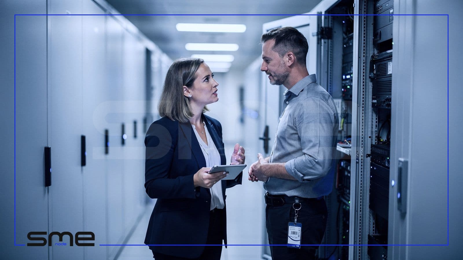A privacy officer with a tablet and an infrastructure engineer standing at an open server rack, discussing where company data is stored