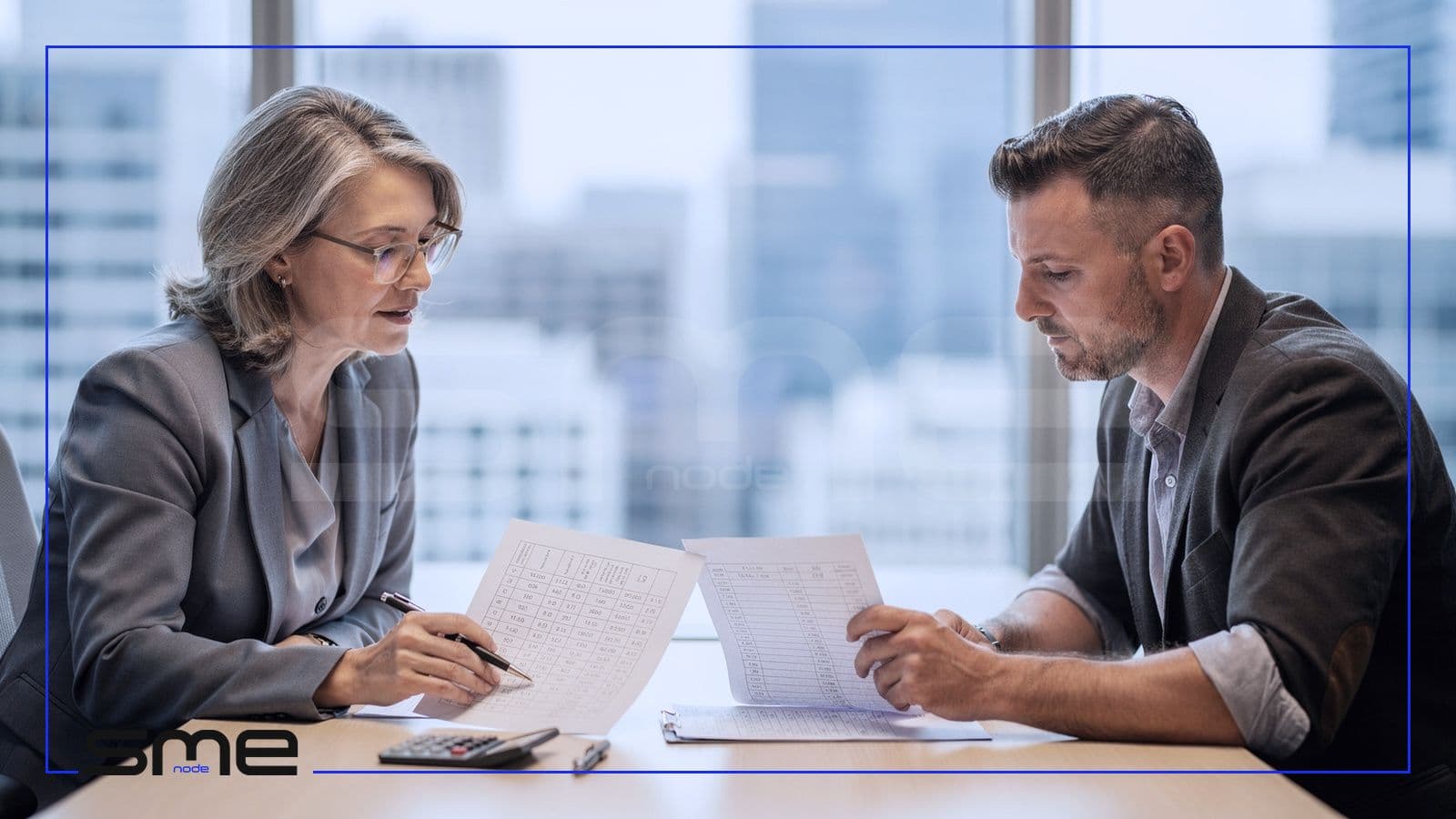 A finance lead and an IT manager comparing a printed cloud invoice with a service quote at a meeting table, calculator beside them