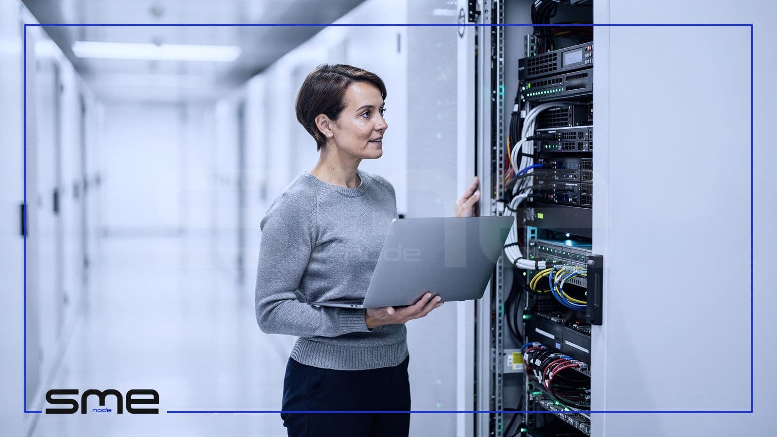 Infrastructure engineer with a laptop checking an open server rack in a bright data centre where the company's AI systems run
