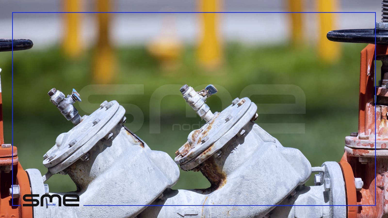 Close-up of grey pipeline valves between two red gate valves at an outdoor station, standing for the pipeline and energy systems named in the Critical Cyber Systems Protection Act