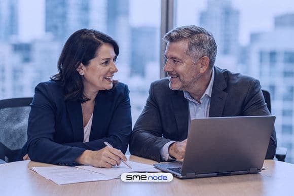 A CIO and a compliance lead reviewing a printed AI governance plan together at a boardroom table in a bright Toronto office
