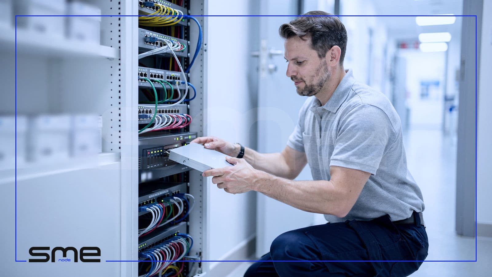 An IT technician sliding a backup drive into a network rack in a clinic equipment room, the logging and backup work behind a health privacy checklist