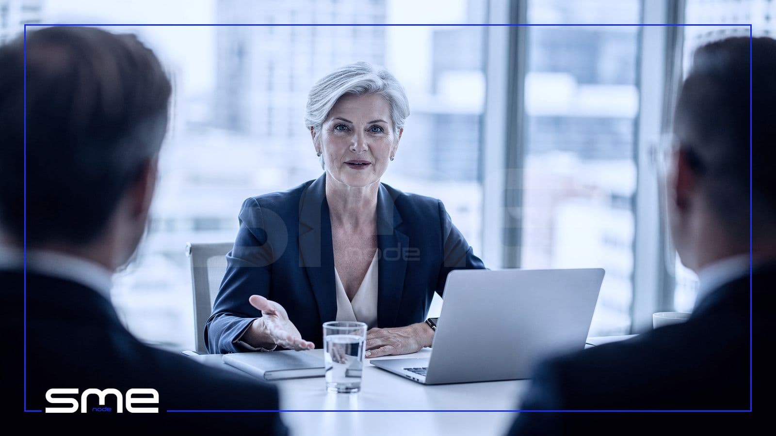 A senior technology executive with silver hair explains a decision to colleagues at a meeting table, the leadership seat a fractional CIO takes