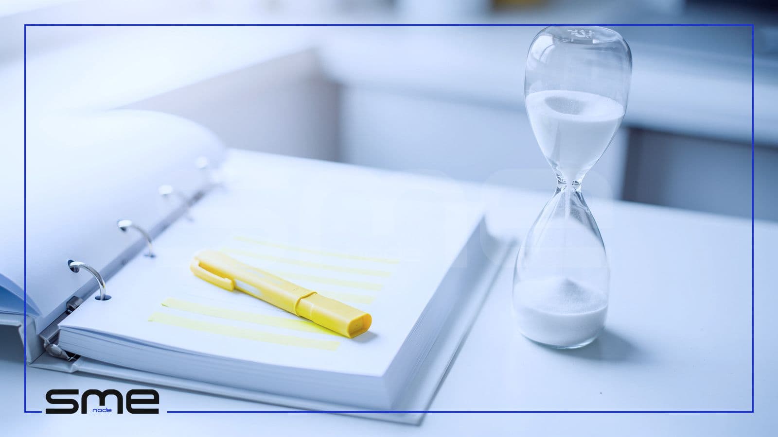 An hourglass beside an open ring binder with highlighted lines and a yellow highlighter, a picture of reading a vendor's SOC 2 report in about 30 minutes